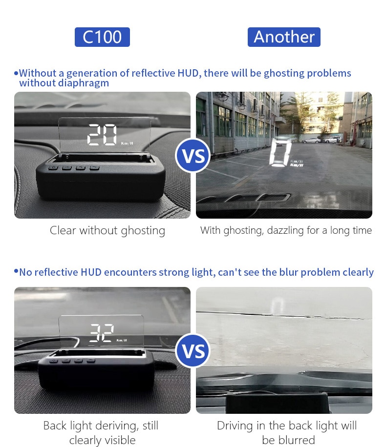 C100抬头显示器OBD2 HUD后视镜更新可选速度燃油消耗汽车速度表挡风玻璃投影