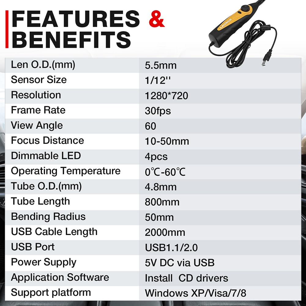LAUNCH X431 VSP600 VSP-600Camera Videoscope HD IP67 2M Cable 6 adjustable LED lights Mirco USB Type-C Borescope Video Inspection