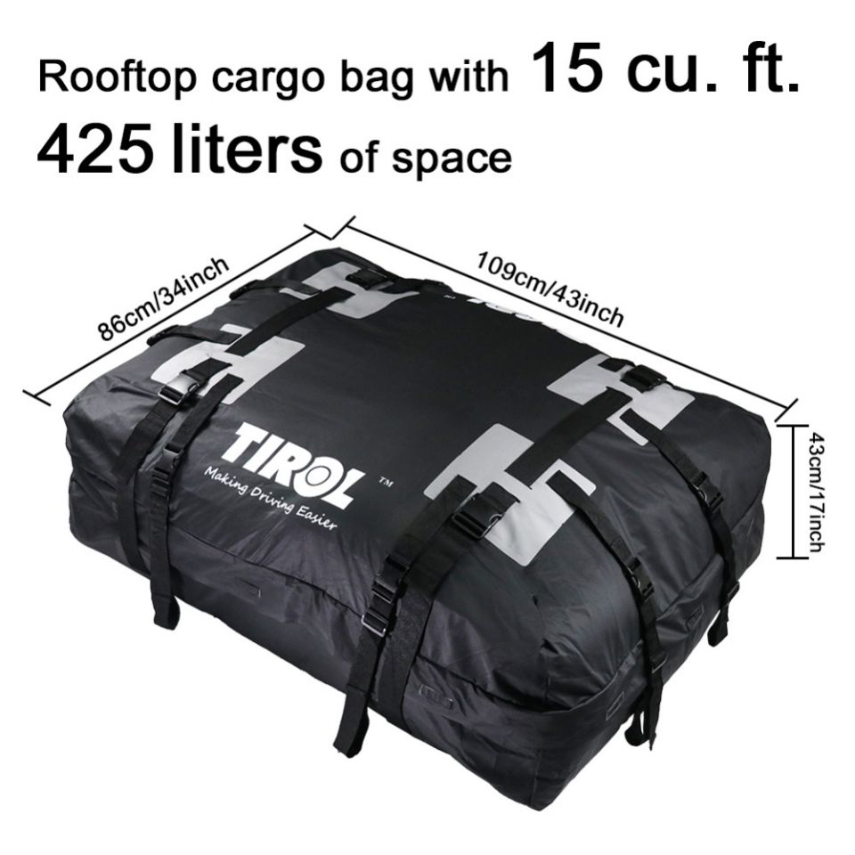 TIROL T24528a Waterproof Roof Top Carrier Cargo Luggage Travel Bag (15 Cubic Feet) For Vehicles With Roof Rails