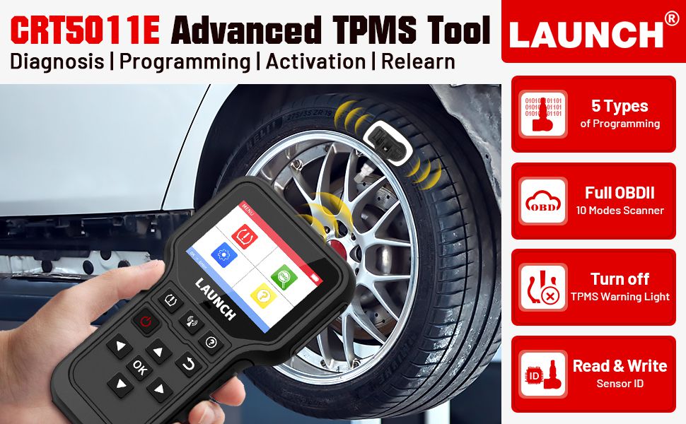 Launch CRT5011E TPMS Relearn Tool TPMS Sensor (315+433MHz) Support Read/Activate/Programming/Relearn/Reset/Key Fob Test