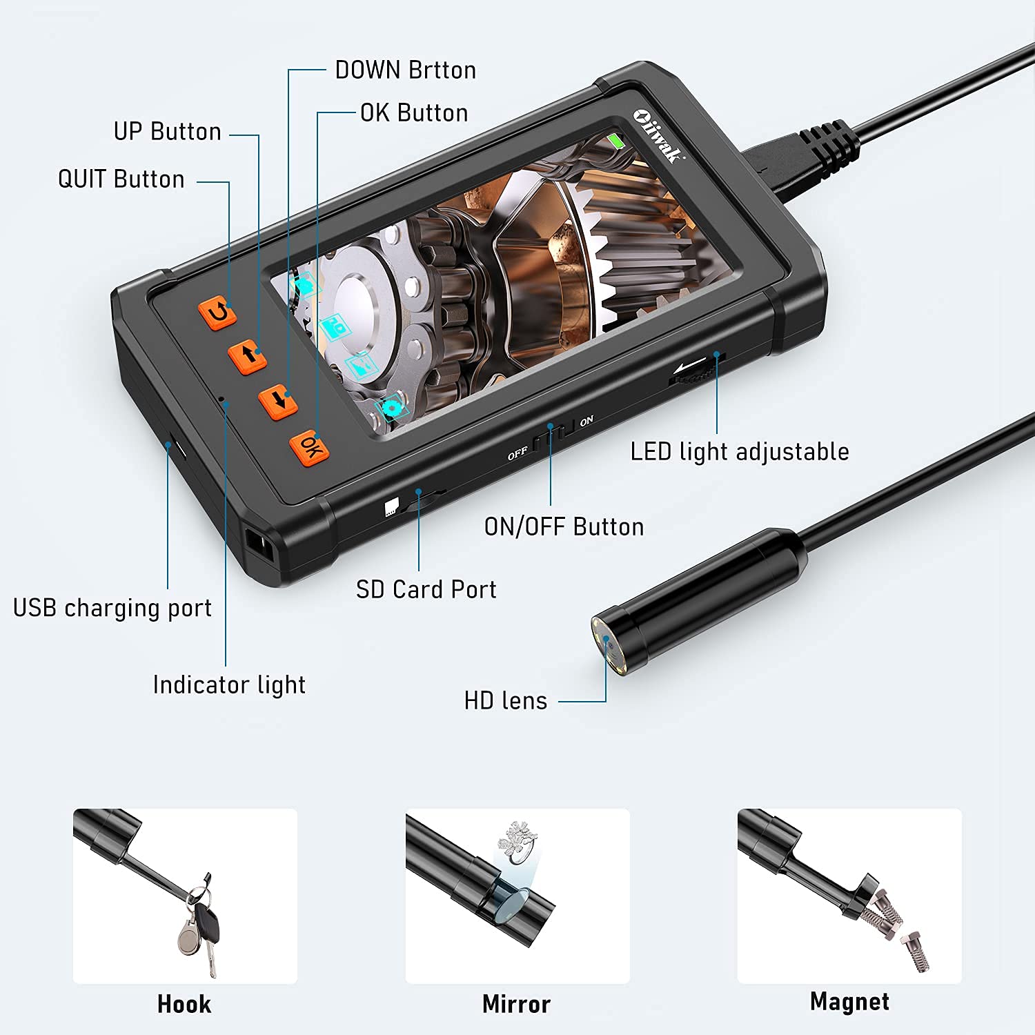 14mm 내시경 카메라 자동 초점 내시경 4.3"IPS 5MP 검사 뱀 모양 카메라 관 하수도 방수 내시경 32G