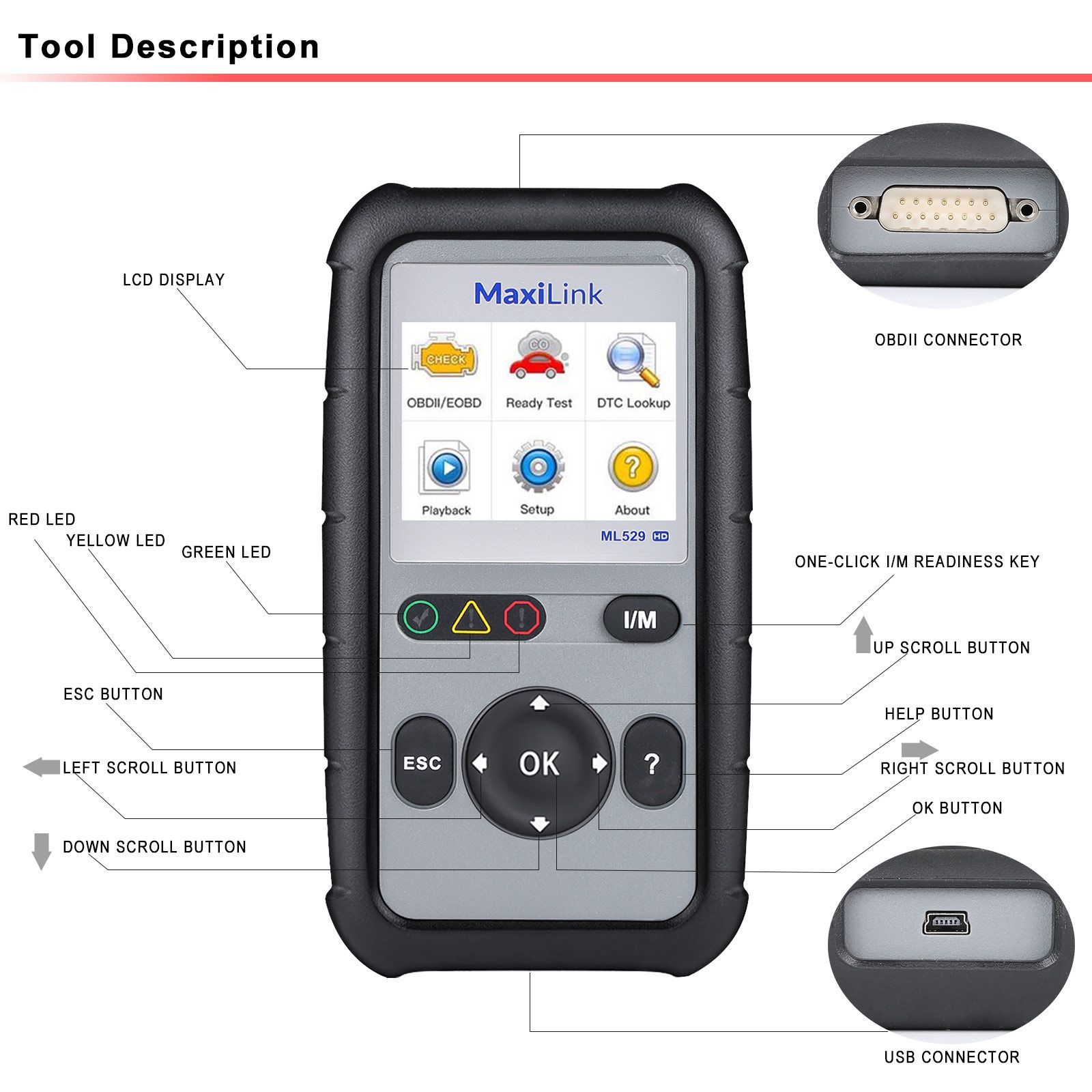 Autel ML529HD OBD2 Scan Tool Upgraded ML519 with Enhanced Mode 6/One-Key Ready Test for Heavy-Duty J1939 & J1708 with AutoVIN/Online Update/Print Data