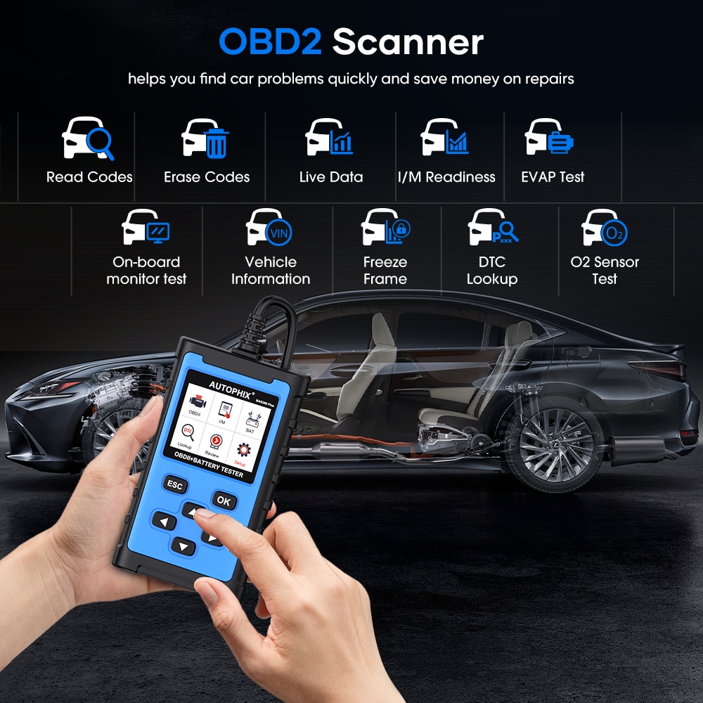 Autophix BAS300 Plus 2-in-1 Automotive Scanner Code Reader OBD 2 Car Diagnostic Tools OBD2 Engine Check 6/12/24V Battery Tester