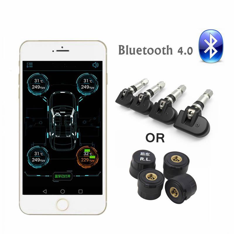 New TPMS Bluetooth 4.0 Tire Pressure Monitor System 4 Internal/External Sensor Works Android/iOS Mobile Phone APP Display