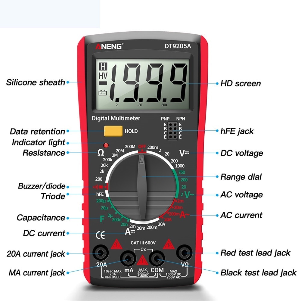 新型数字真有效值专业万用表交直流电流测试仪HFE欧姆电容电压表检测工具DT9205A