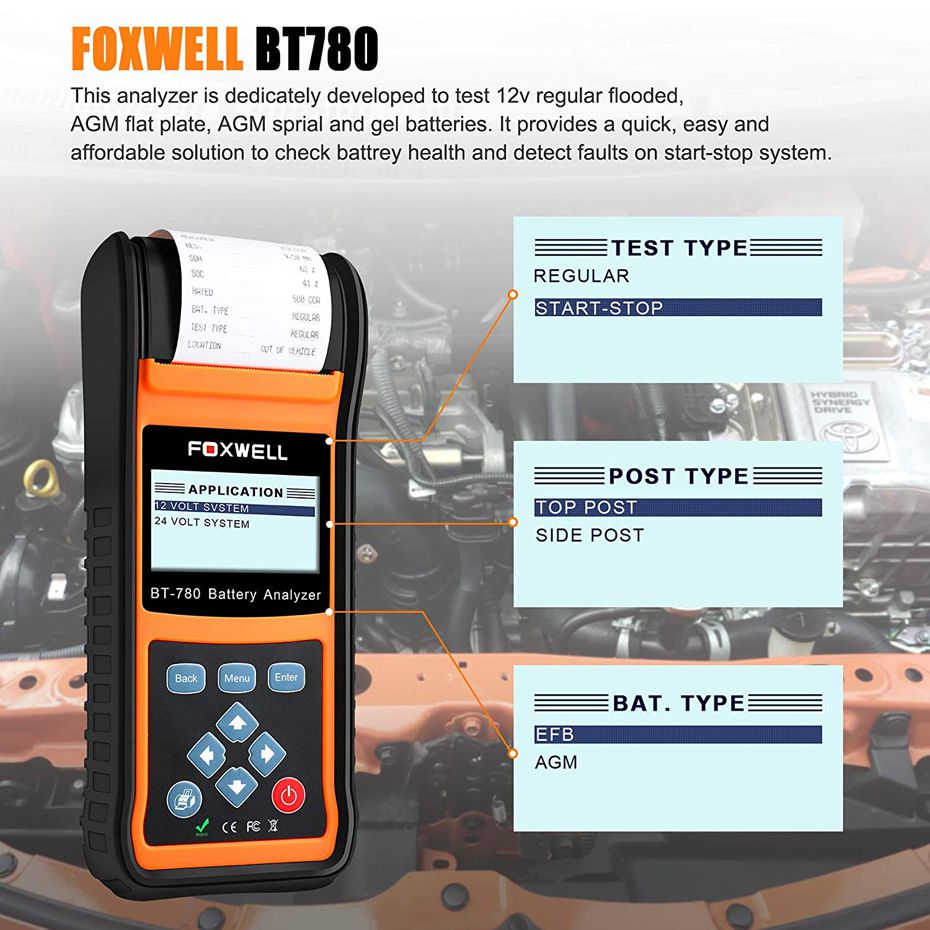 FOXWELL BT780 12V Battery Tester 0-1000A Car AGM GEL EBP Batteries Analyzer Built-in Printer 12V-24V Starting Charging System