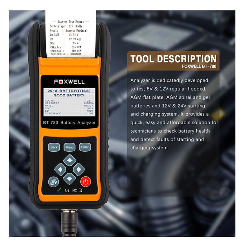 FOXWELL BT780 12V 배터리 테스터 0-1000A 자동차 AGM GEL EBP 배터리 분석기 내장 프린터 12V-24V 부팅 충전 시스템