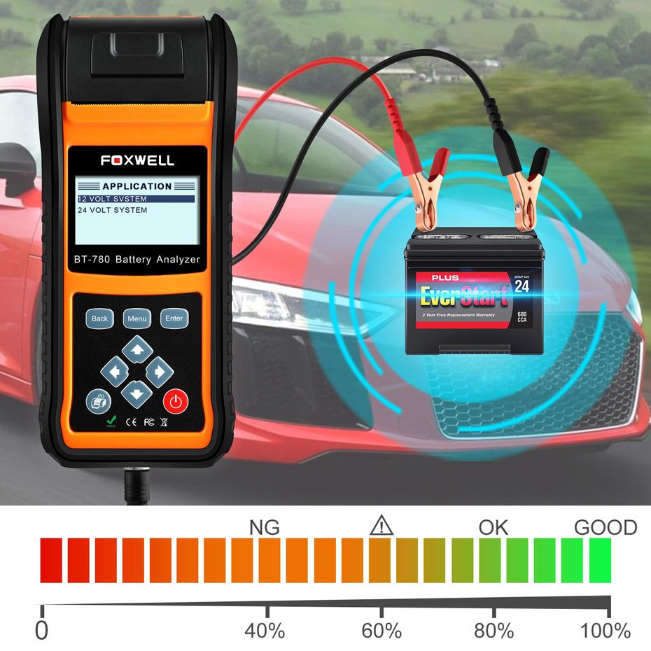 FOXWELL BT780 12V 배터리 테스터 0-1000A 자동차 AGM GEL EBP 배터리 분석기 내장 프린터 12V-24V 부팅 충전 시스템