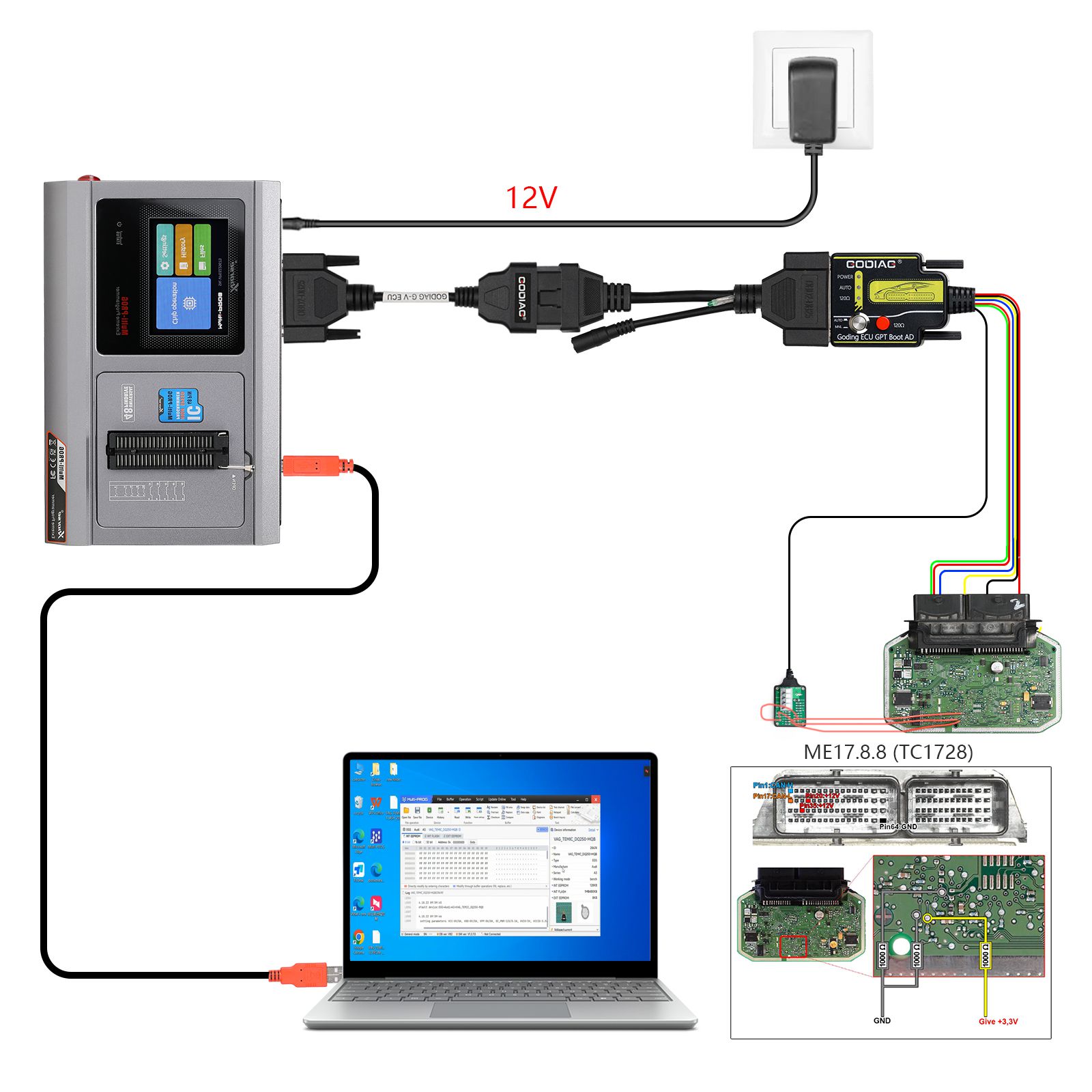 GODIAG G-V ECU Cable for Connecting Xhorse MULTI PROG with GT107 or GT107+ GPT BENCH BOOT to Read & Write Data on VAG Gearbox ECU, Engine ECU