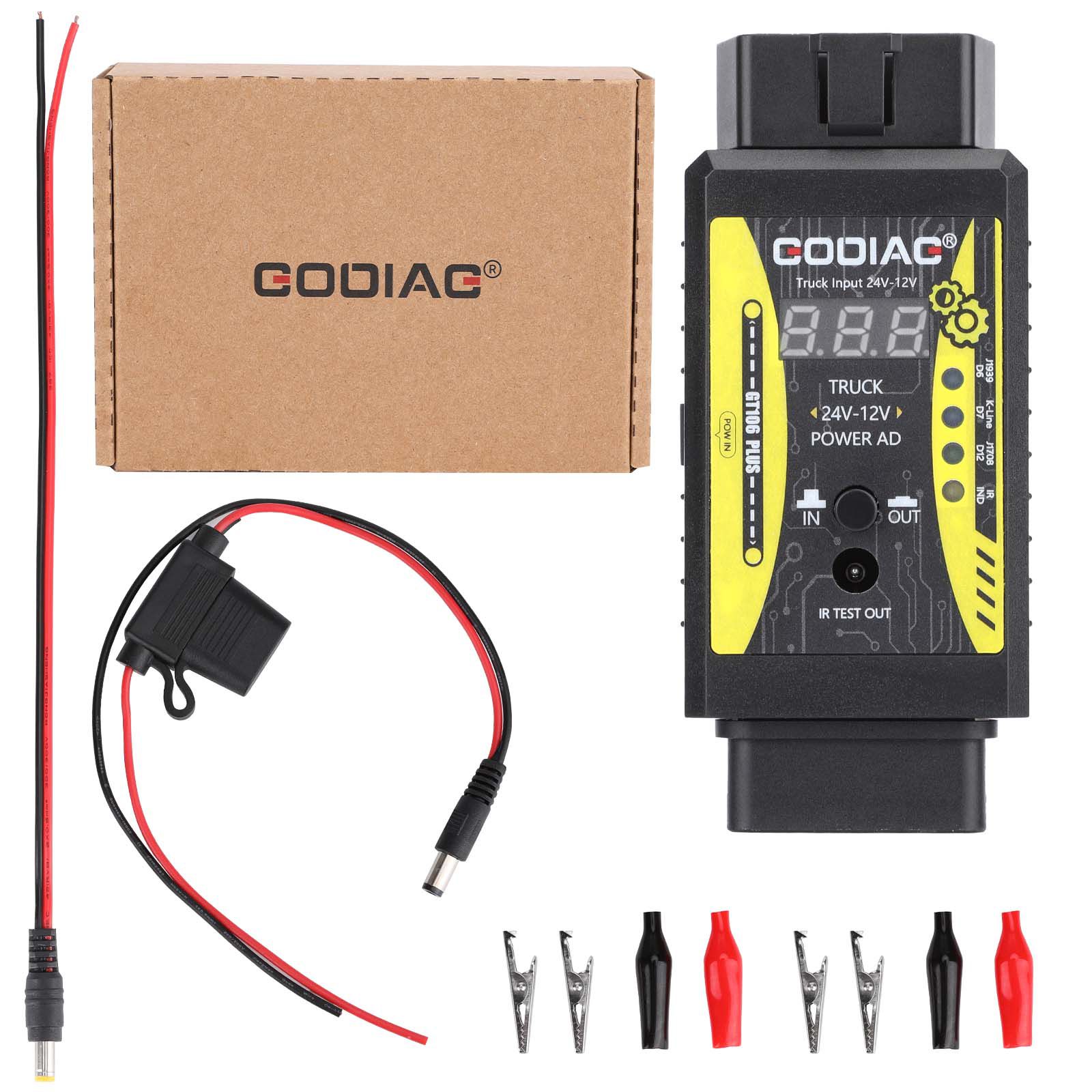 2024 GODIAG GT106 PLUS 24V to 12V Heavy Duty Truck Adapter Newly Added Fuel Injector Cleaning & Testing Relay Testing for Cars & Trucks