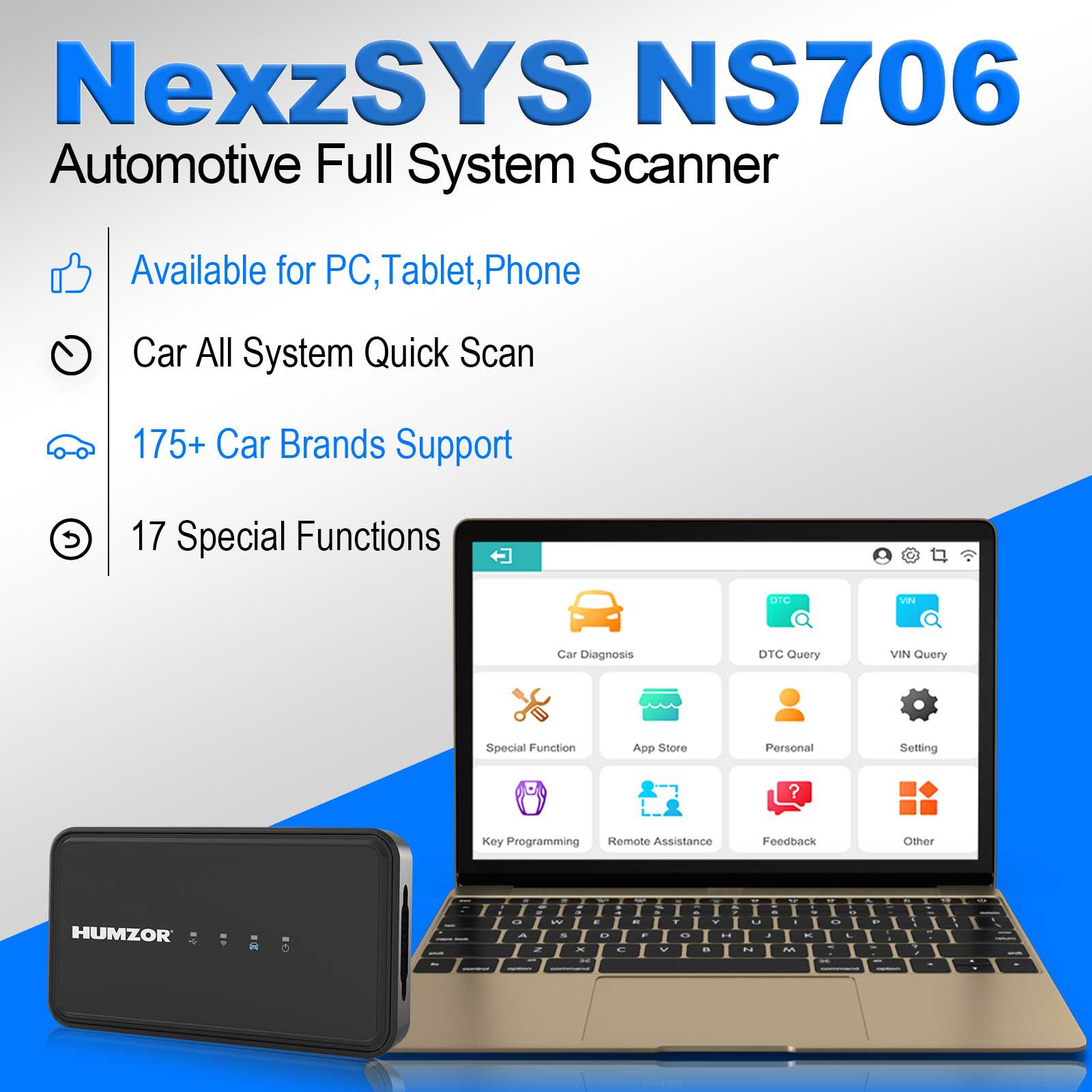 2023 HUMZOR NexzSYS NS706 OBD2 Full System Scanner Car Diagnostic Tool ECU Key Programmer
