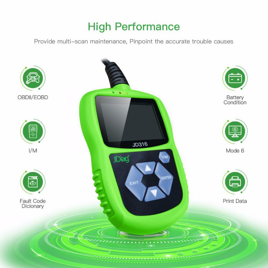 JDiag JD316 OBD2 Scanner Automotive Engine Fault Code Reader CAN Diagnostic Scan Tool (Green)