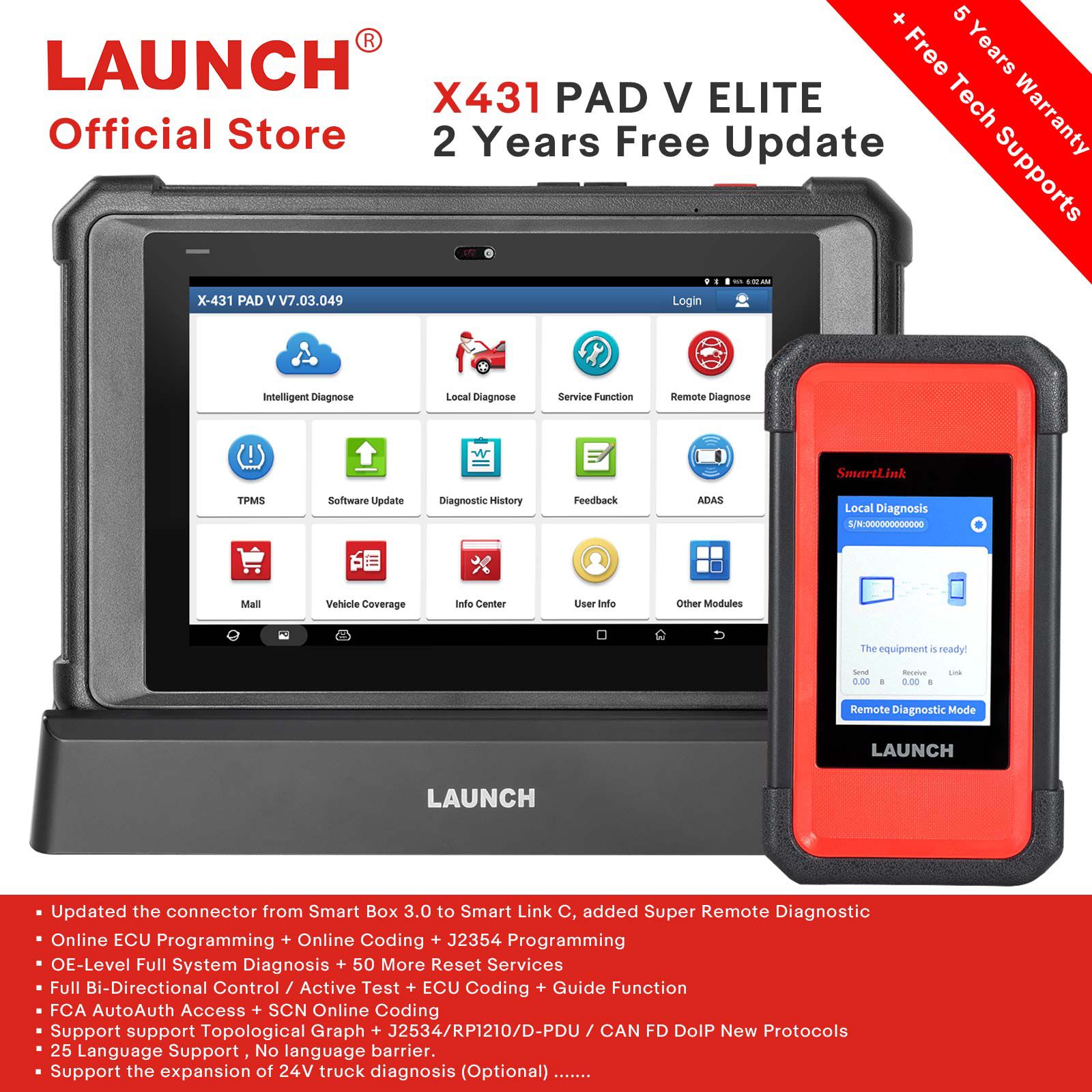  2025 Launch X431 PAD V Elite J2534 Tool With Smartlink C Support ECU/ECM Online Program Topology Map CAN/CANFD/DoIP 60+ Services