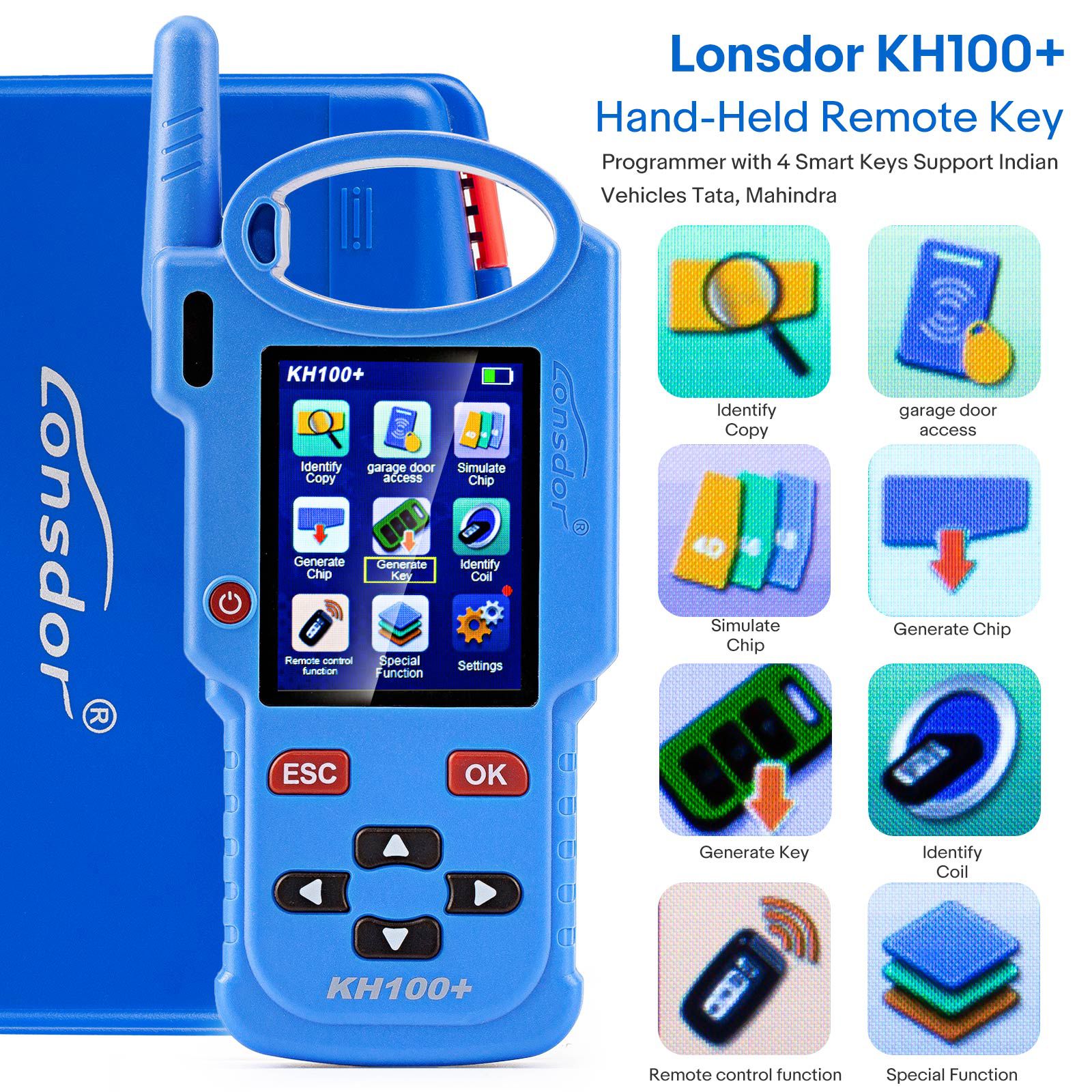 2024 Newly Lonsdor KH100+ Hand-Held Key Programmer With Four Remote Keys Added TATA and Mahindra