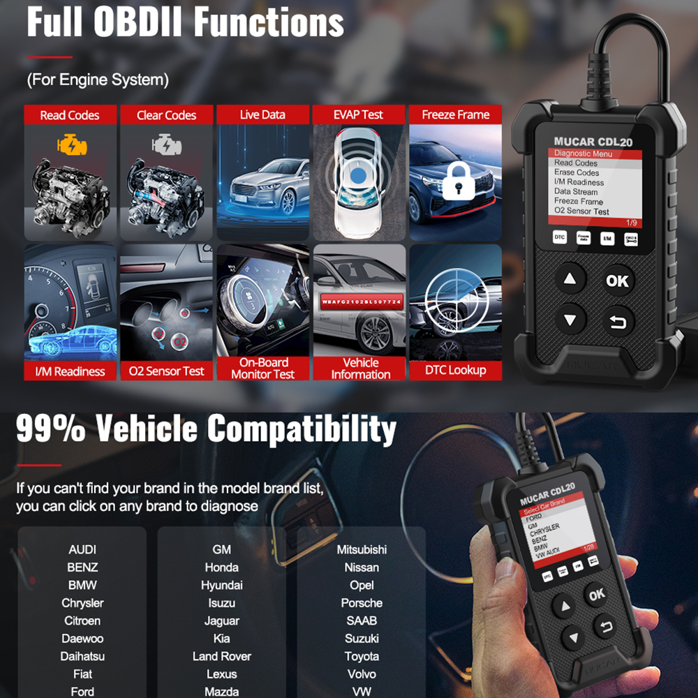 MUCAR CDL20 OBD2 Scanner Auto Engine Fault Code Reader EOBD CAN Diagnostic Scan Tool for All OBD II Protocol Cars Since 1996