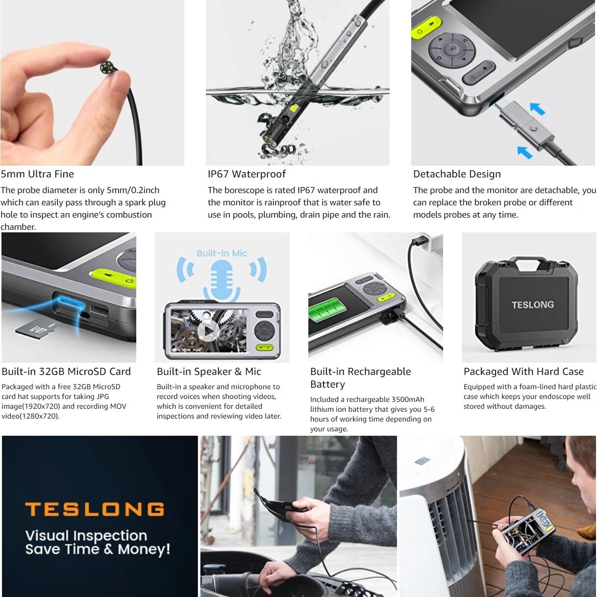 Teslong Inspection Camera with 5 Monitor Ultra-Slim Waterproof