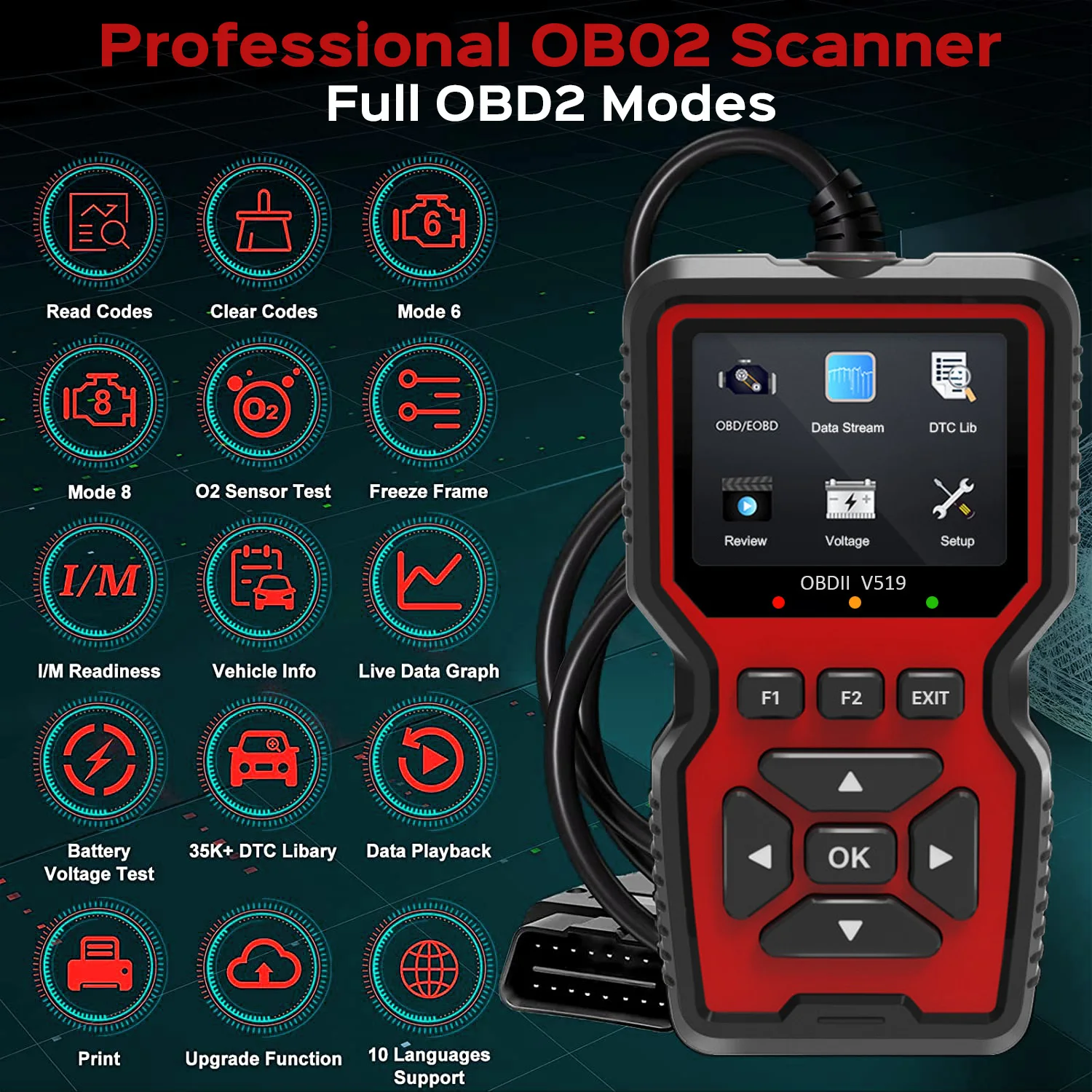 V159 OBD2 Scanner Live Data Professional Mechanic OBDII Diagnostic Code Reader Tool for Check Engine Light