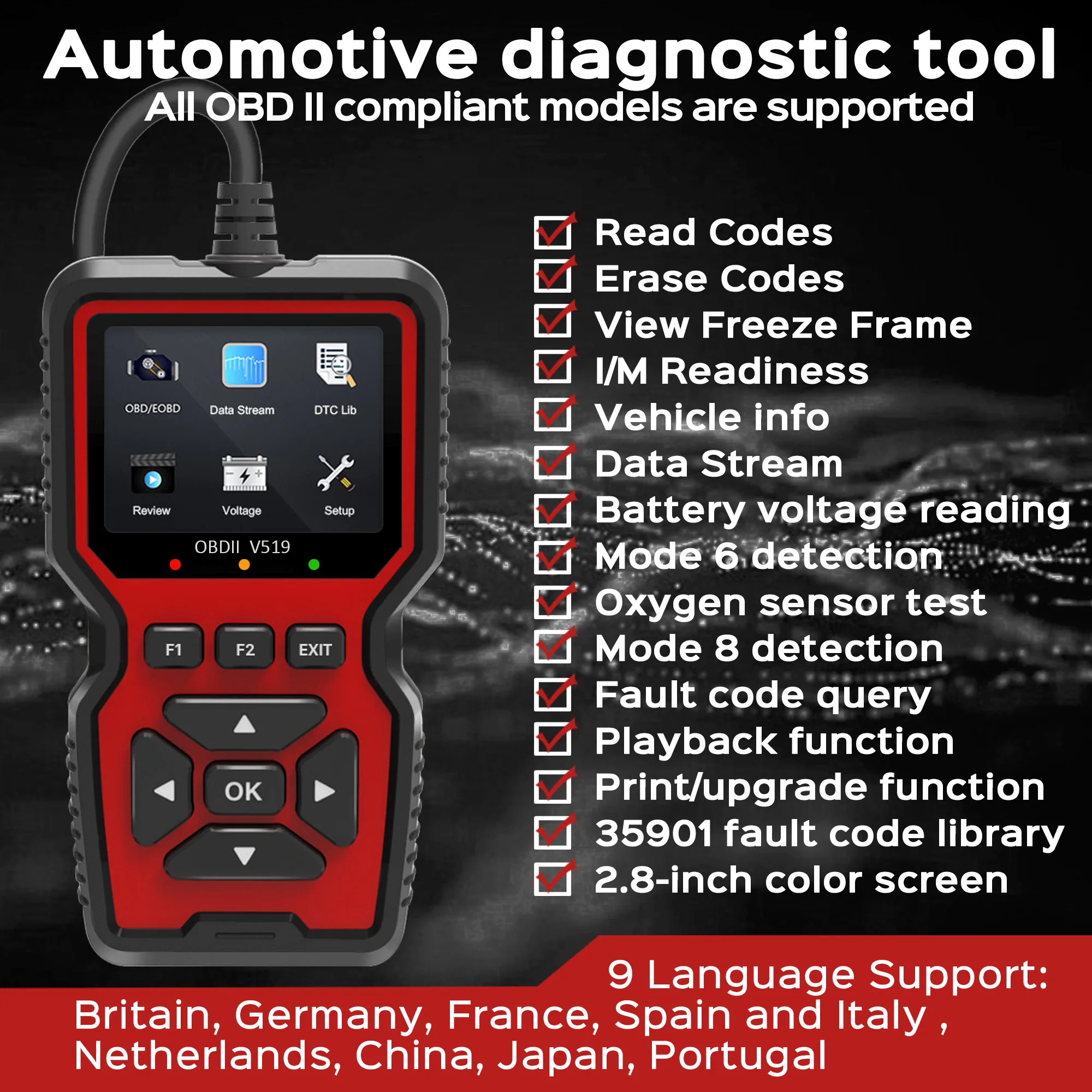 V159 OBD2 Scanner Live Data Professional Mechanic OBDII Diagnostic Code Reader Tool for Check Engine Light