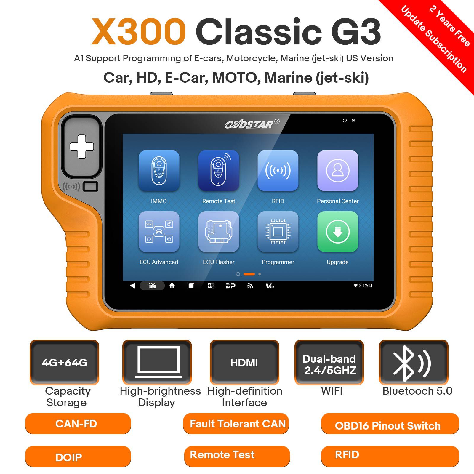 2025 OBDSTAR X300 Classic G3 Full Version Support Cluster Calibration, ECU Flasher, Airbag Reset, Test Platform For Car/ HD/ E-Car/ Moto/ Marine