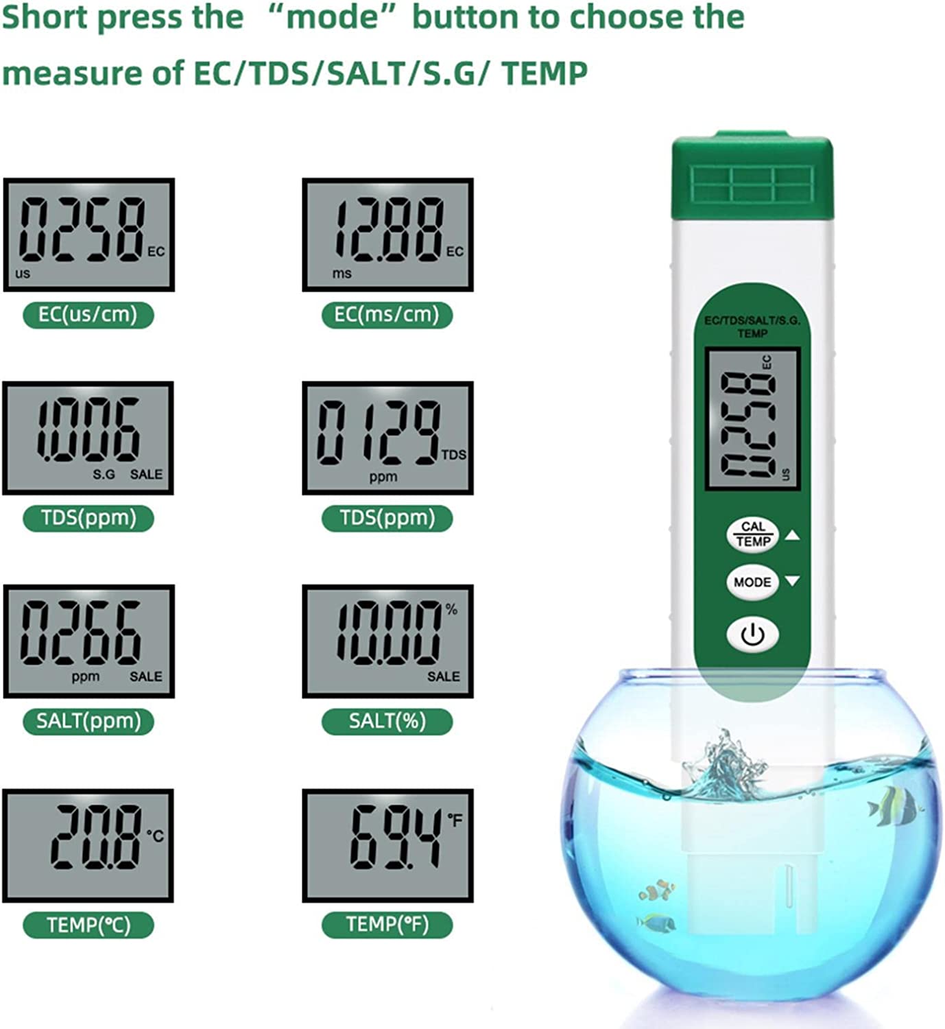 Water Tester Pen LCD Display Water Tester EC TDS Temp Meter 5-in-1 Multifunctional High Accuracy Water Test Meter for Hydropon