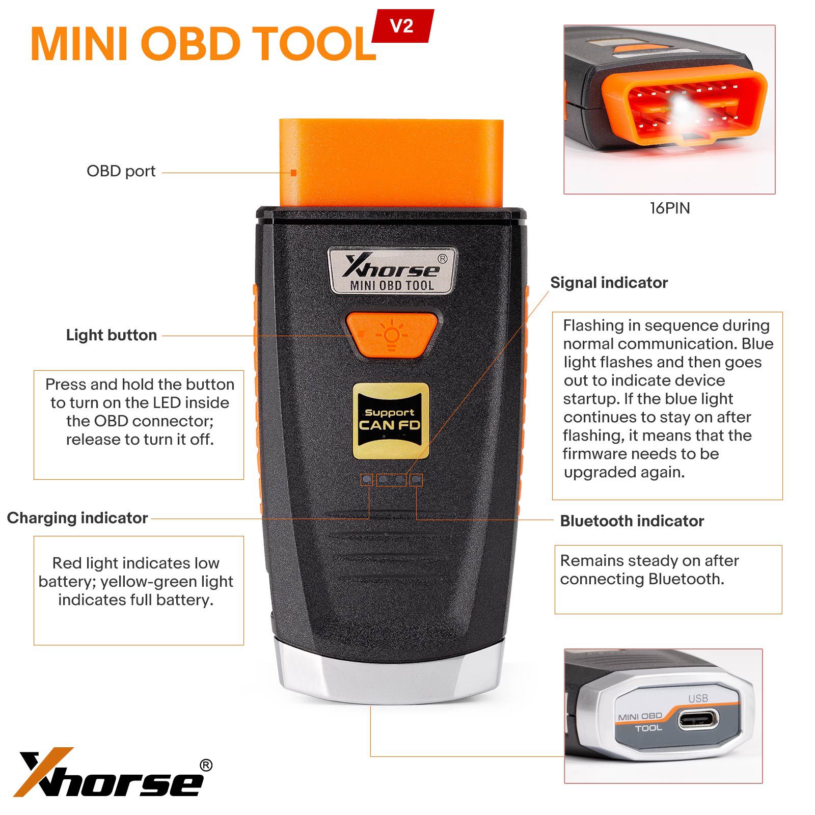 2024 Xhorse Mini OBD Tool V2 XDMO20 Newly Supports CANFD Protocol / LED light / 8A IMMO Box All Key Lost