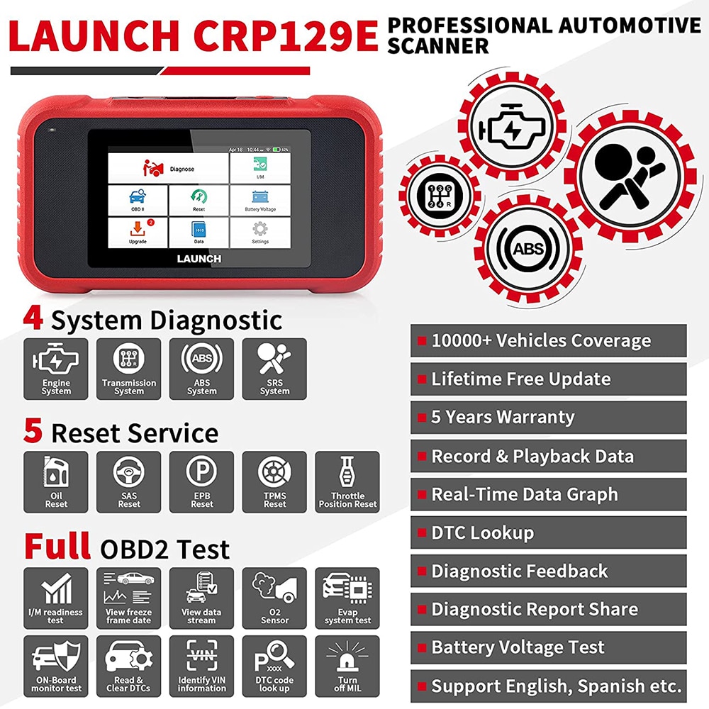 Launch X431 CRP129E for OBD2 ENG ABS SRS AT Diagnosis and  Oil/Brake/SAS/TMPS/ETS Reset