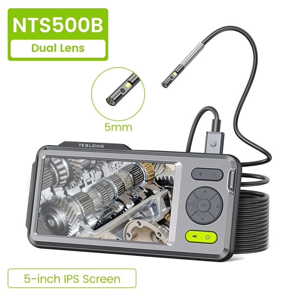 NTS500B 5.0" LCD Screen 5mm Dual Lens endoscope Camera 1080P Digital Videoscope Pipe Car Inspection Camera Borescope