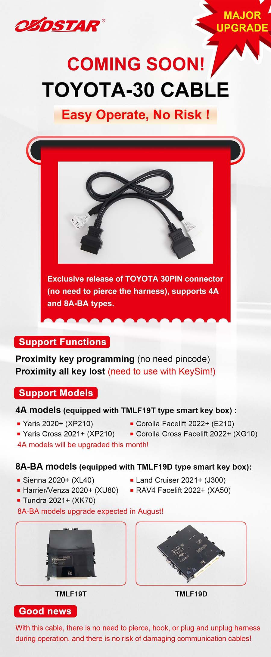 OBDSTAR Toyota-30 Cable Proximity Key Programming All Key Lost No Need to Pierce the Harness for X300DP Plus/ X300Pro 4